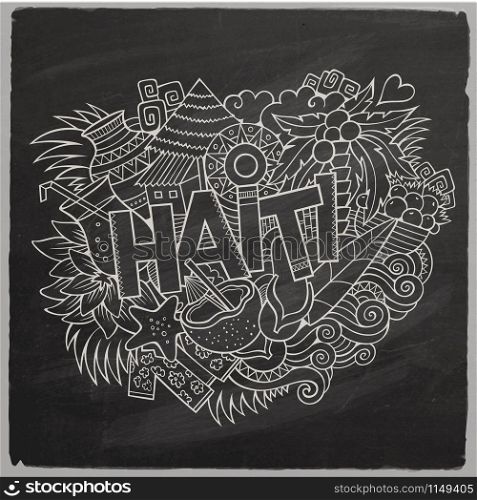 Haiti hand lettering and doodles elements and symbols background. Vector hand drawn chalkboard illustration. Haiti hand lettering and doodles elements and symbols background