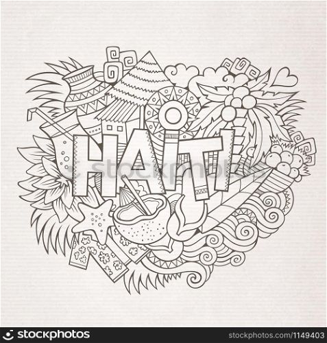 Haiti hand lettering and doodles elements and symbols background. Vector hand drawn sketchy illustration. Haiti hand lettering and doodles elements and symbols background