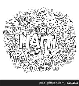 Haiti hand lettering and doodles elements and symbols background. Vector hand drawn sketchy illustration. Haiti hand lettering and doodles elements