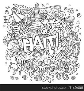 Haiti hand lettering and doodles elements and symbols background. Vector hand drawn sketchy illustration. Haiti hand lettering and doodles elements background