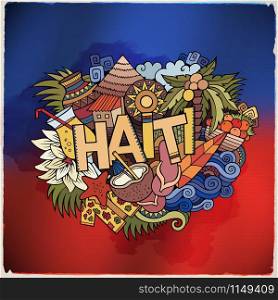 Haiti hand lettering and doodles elements and symbols emblem. Vector blurred flag background. Haiti hand lettering and doodles elements