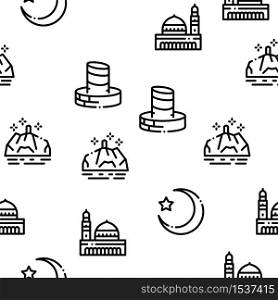 Hajj Islamic Religion Seamless Pattern Vector Thin Line. Illustrations. Hajj Islamic Religion Seamless Pattern Vector