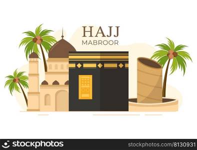 Hajj or Umrah Mabroor Cartoon Illustration with Makkah Kaaba Suitable for Background, Poster or Landing Page Templates