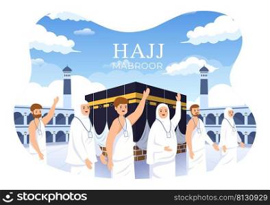 Hajj or Umrah Mabroor Cartoon Illustration with People Character and Makkah Kaaba Suitable for Poster or Landing Page Templates