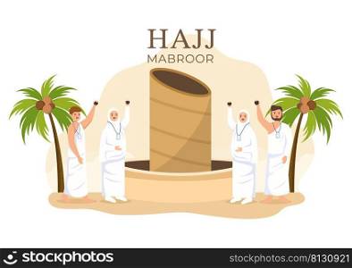 Hajj or Umrah Mabroor Cartoon Illustration with People Character and Throwing Stones at the Jamaraat Tiangs Pillar Suitable for Poster or Landing Page Templates