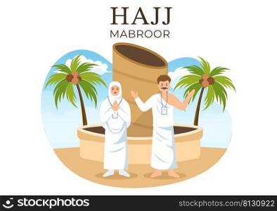 Hajj or Umrah Mabroor Cartoon Illustration with People Character and Throwing Stones at the Jamaraat Tiangs Pillar Suitable for Poster or Landing Page Templates