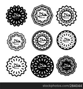 Halal sign. Muslim traditional food logo. Etiquette Arabic meal. Logo for Muslims permitted feed. Islamic ornament.