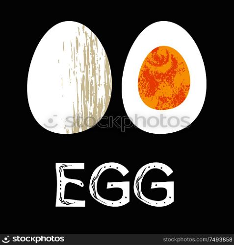 Half a boiled egg. Vector illustration in flat style in unique hand drawn texture. On yellow background. Healthy and tasty food.. Half a boiled egg. Vector illustration in flat style in unique hand drawn texture.