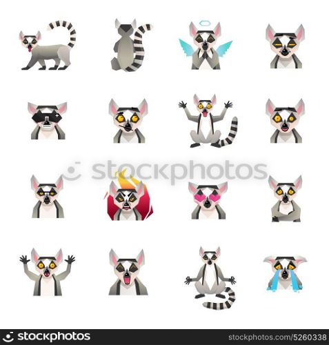 Half Ape Icons Collection. Lemur polygonal big set of sixteen isolated macaco funny cartoon character icons in flat doodle style vector illustration