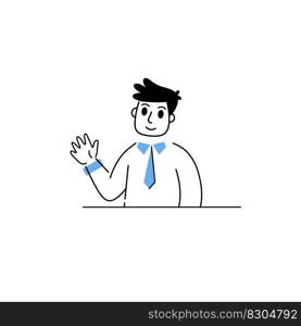 Half body character. Businessman at table. Hand gesture of welcome. Male character in suit and tie. Happy man. Outline cartoon. Half body character. Businessman at table