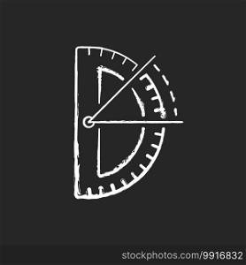 Half circle protractor chalk white icon on black background. Measuring and constructing plane angles in radians. Architectural and mechanical drawing. Isolated vector chalkboard illustration. Half circle protractor chalk white icon on black background