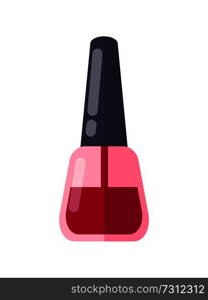 Half-empty glass bottle of persistent deep red nail polish with black cone shiny top isolated cartoon flat vector illustration on white background.. Half-Empty Glass Bottle of Deep Red Nail Polish