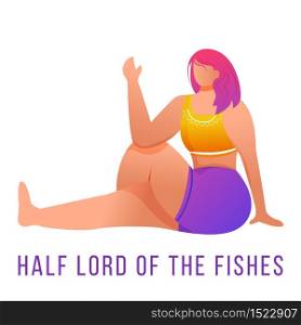 Half lord of fishes pose flat vector illustration. Ardha Matsyendrasana. Caucausian woman doing yoga in orange and purple sportswear. Workout, fitness. Isolated cartoon character on white background