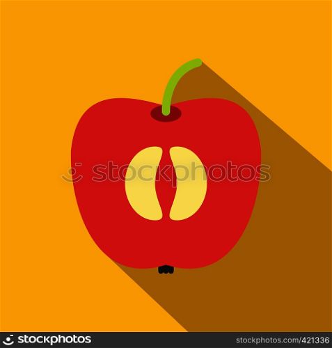 Half of fresh red apple flat icon on a yellow background. Half of fresh red apple flat icon