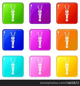 Half opened zip icons set 9 color collection isolated on white for any design. Half opened zip icons set 9 color collection