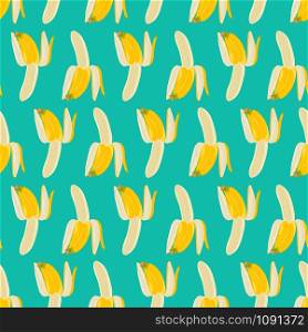 Half peeled banana seamless pattern on green background. Tropical fruit vector illustration.
