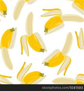 Half peeled banana seamless pattern on white background. Tropical fruit vector illustration.
