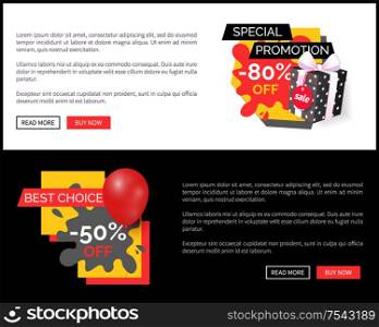Half price 50 and 80 percent sale on products vector web site templates. Blot and ribbons, inflatable balloon, clearance and promotion, super offer. Half Price 50 and 80 Percent Sale, Products Vector