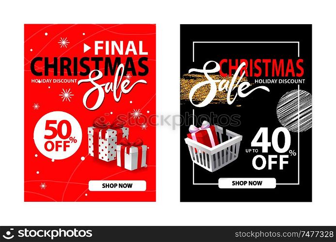 Half price and 40 percent discount posters, clearance covers design vector on red and black. Christmas final sale holiday discount with wrapped gift boxes. Half Price, 40 Percent Discount Posters, Clearance