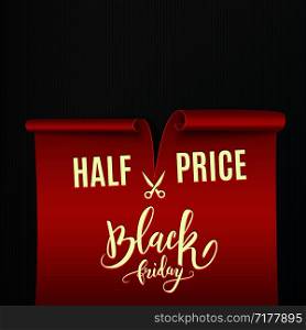 Half price Black Friday sale discount, realistic ribbon, advertisement, vector illustration