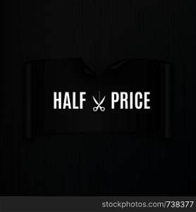 Half price discount, realistic ribbon, advertisement, big sale, black friday, vector illustration