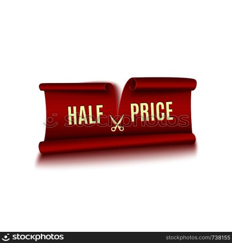 Half price discount, red realistic ribbon, advertisement, big sale, vector illustration