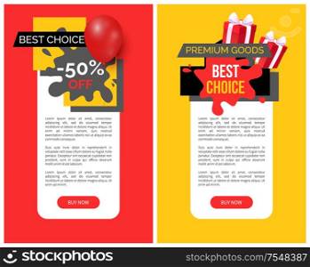 Half price discounts vector web pages templates. Best choice of premium goods, sale label tags decorated by packed gift boxes and red air balloon icons. Half Price Discounts Vector Web Pages Templates