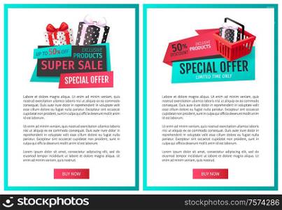 Half price economy on sale, reduction of price, discount labels presents web page template vector. Premium proposition, gifts with special offers, sellout. Half Price Economy Sale, Reduce of Price, Discount