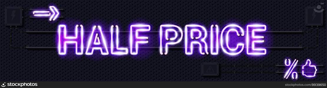 HALF PRICE glowing purple neon l&sign. Realistic vector illustration. Perforated black metal grill wall with electrical equipment.. HALF PRICE glowing purple neon l&sign on a black electric wall