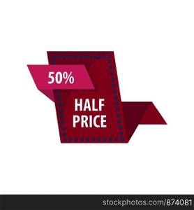 Half price reduction good offer sale. Special tag for shoppers and clients of shops. Announcement of great deal, pink coupon to buy any item on half-priced cost isolated on vector illustration. Half price reduction good offer sale vector illustration