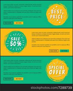 Half price special offer cards vector illustration with ad text isolated on light yellow and green backgrounds, colorful push-buttons and stickers. Half Price Special Offer Cards Vector Illustration
