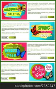 Half price spring sale off stickers on web posters butterflies of multi color, ornaments on decorative wings, vector total deal discount vouchers set. Half Price Spring Sale Off Stickers on Web Posters