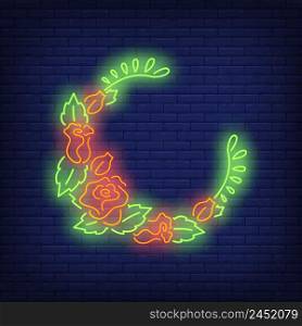 Half-round floral wreath neon sign. Summer, holiday, decor design. Night bright neon sign, colorful billboard, light banner. Vector illustration in neon style.