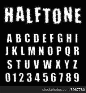 Halftone alphabet font template. Letters and numbers distressed design. Vector illustration.. Halftone alphabet font template. Letters and numbers distressed design