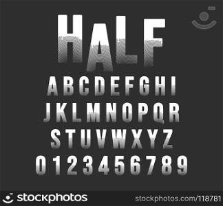 Halftone alphabet font template. Letters and numbers half tone stamp design. Vector illustration.. Halftone alphabet font template. Halftone alphabet font template