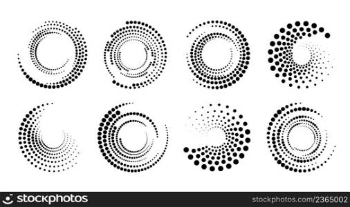 Halftone circle pattern. Borders and frames with dots, graphic design elements, raster effects or abstract vector backgrounds. Futuristic spiral backdrop or geometric decoration with half tone rings. Halftone circle patterns, borders or frames