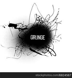 Halftone circle shapes with grunge splatter ink. Abstract grunge center design background.