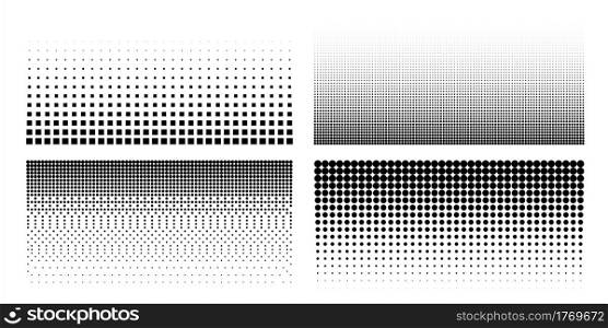 Halftone dot pattern. Comic graphic pop art textures. Black and white geometric half tone templates set. Perforated covers. Borders with gradient effect from round and square points. Vector background. Halftone dot pattern. Comic pop art textures. Black and white geometric half tone templates set. Perforated covers. Borders with gradient from round and square points. Vector background