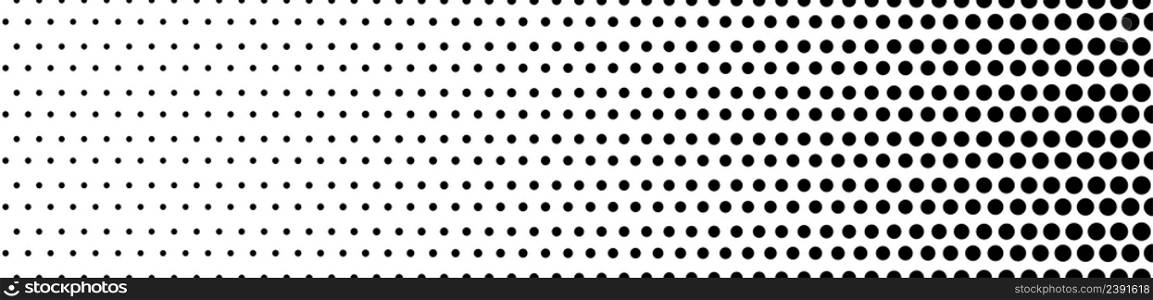 Halftone dots pattern. Black texture on white background. Horizontal retro dots. Graphic geometric circles. Background for print. Monochrome rectangle of pop art. Design wallpaper. Vector.