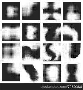 Halftone dots pattern set. Radial, square and twisted shapes. Isolated on white background