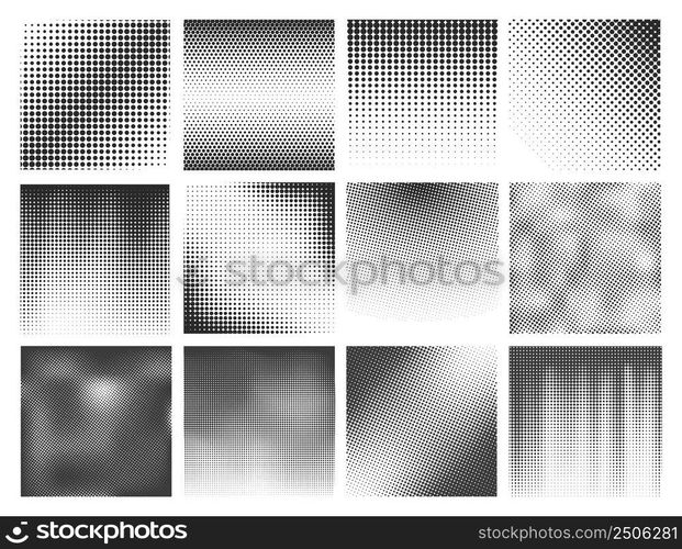 Halftone dots texture set. Grainy explosion and halftones gradients templates. Geometric pop art style decorations, digital design exact vector elements. Illustration of pattern texture grainy. Halftone dots texture set. Grainy explosion and halftones gradients templates. Geometric pop art style decorations, digital design exact vector elements