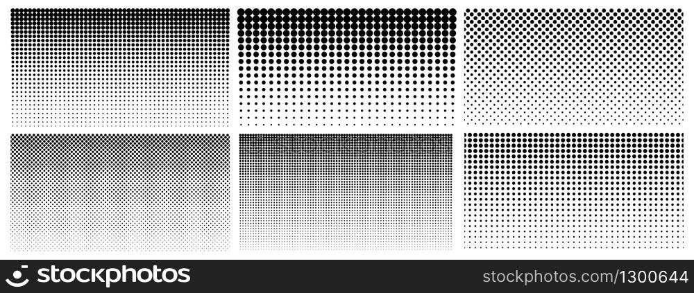 Halftone gradient. Dotted gradient, smooth dots spraying and halftones dot background seamless horizontal geometric pattern vector template set. Abstract dot gradient halftone pattern illustration. Halftone gradient. Dotted gradient, smooth dots spraying and halftones dot background seamless horizontal geometric pattern vector template set