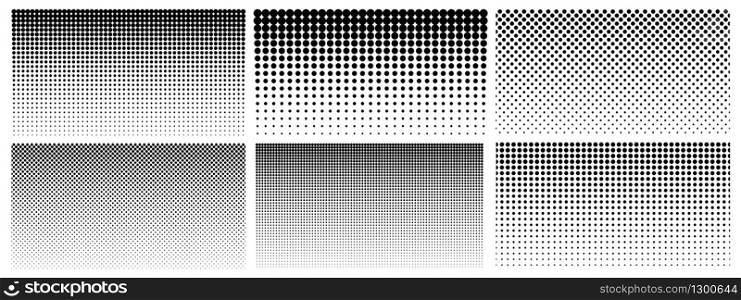 Halftone gradient. Dotted gradient, smooth dots spraying and halftones dot background seamless horizontal geometric pattern vector template set. Abstract dot gradient halftone pattern illustration. Halftone gradient. Dotted gradient, smooth dots spraying and halftones dot background seamless horizontal geometric pattern vector template set