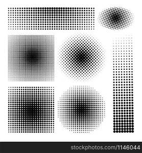 Halftone gradients. Circle comic prepress raster patterns and vector monochrome print fade fade textures. Halftone gradients set