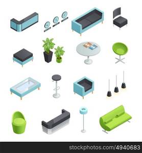 Hall Interior Isometric Icons. Color isometric icons of interior elements of hall foyer vector illustration