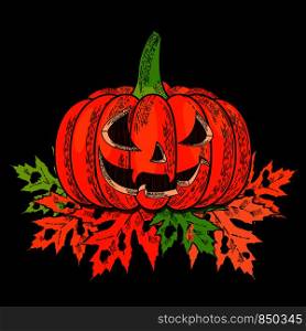 Halloween. 31 October. The concept of a holiday. A pumpkin with a carved terrible face, autumn leaves with holes. Drawing style engraving. Halloween. 31 October. A pumpkin with a carved terrible face, autumn leaves with holes. Drawing style engraving