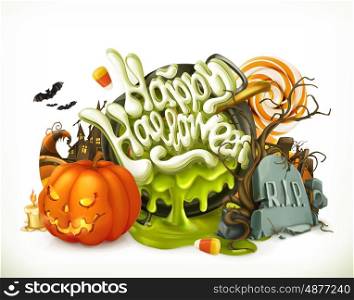 Halloween 3d vector emblem. Set of cartoon characters and objects, greetings text Happy Halloween for flyers and posters