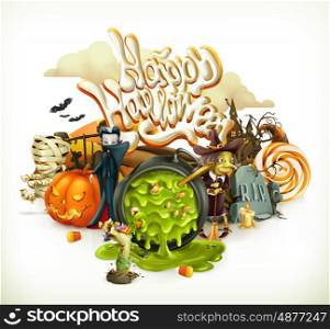 Halloween 3d vector invitation. Pumpkin, witch, vampire, candy corn. Set of cartoon characters and objects, greetings text Happy Halloween for flyers and posters