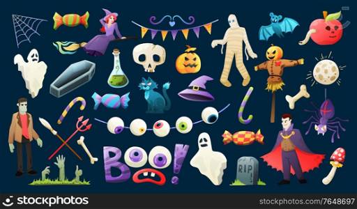 Halloween attributes scary colorful collection with skull mask coffin bones spook ghost witch black background vector illustration