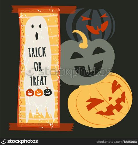 Halloween autumn holiday celebration, trick or treat. 31 of october festive event, scary characters with grinning faces. Pumpkins jack o lanterns and ghost, apparitions, vector in flat style. Trick or treat Halloween holidays, ghost and pumpkins